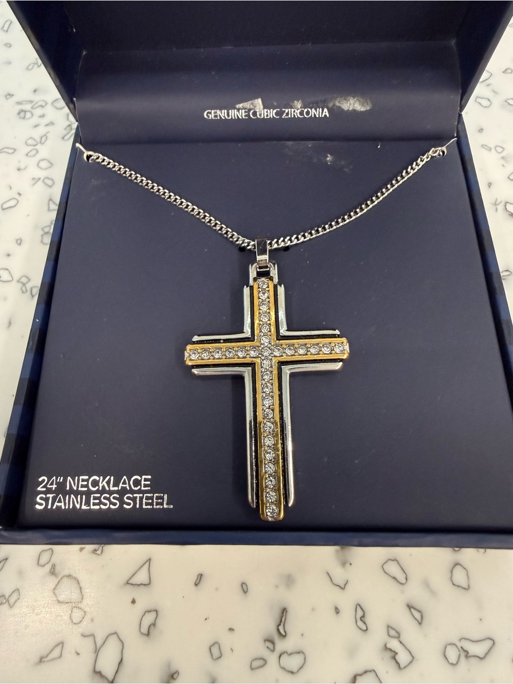American Exchange Two-Tone Cross Pendant Necklace with Clear CZ